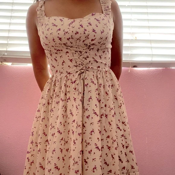 SHEIN | Dresses | Womens Shein Cream Colored Floral Lace Up Dress Size Xs |  Poshmark